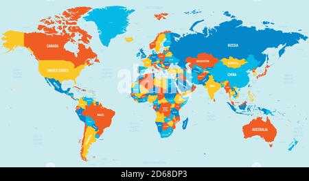 Mappa del mondo - 4 colori brillanti. Mappa politica dettagliata del mondo con l'etichettatura dei nomi dei paesi, degli oceani e dei mari. Illustrazione Vettoriale