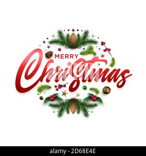 Buon Natale e felice anno nuovo biglietto d'auguri. Disegno di corona di Natale con gli ornamenti e gli oggetti di decorazione natalizi festosi. Illustrazione vettoriale Foto Stock