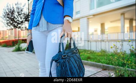 Donna d'affari che parla al cellulare Foto Stock