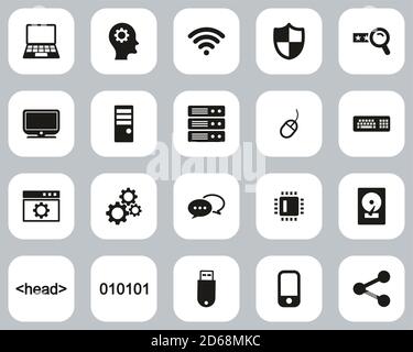 Icone di programmazione del computer Bianco e nero Design piatto Set Grande Illustrazione Vettoriale
