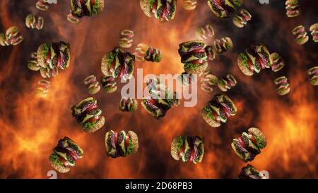 Hamburger che cadono con fumo e fuoco in background. Promo menu fast food Foto Stock