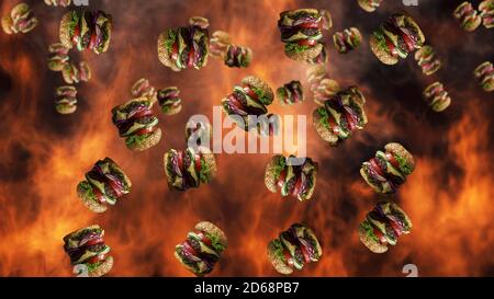 Hamburger che cadono con fumo e fuoco in background. Promo menu fast food Foto Stock