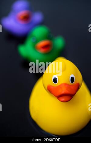 Tre anatre di plastica colorate Foto Stock