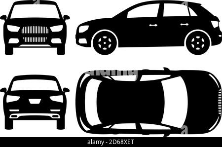 Silhouette auto SUV su sfondo bianco. Le icone del veicolo consentono di impostare la vista laterale, anteriore, posteriore e superiore Illustrazione Vettoriale