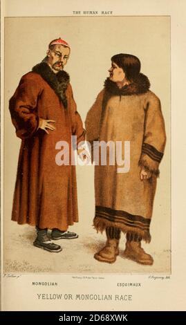 Mongolian (sinistra) e Esqimaux [Eskimo] incisione dipinta a mano su legno del genere umano di Figuier, Louis, (1819-1894) Pubblicazione nel 1872 Editore: New York, Appleton Foto Stock