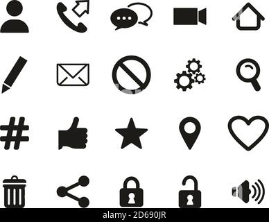 Icone del menu Contatti Bianco e nero Imposta Grande Illustrazione Vettoriale