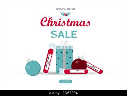 Grande vendita di Natale di farmaci e servizi medici. Sconti del Black Friday per un sito web, una farmacia, un negozio o un'app con prodotti medici e farmaceutici. Banner luminoso per le feste con pillole, palloncini di Natale e regali luminosi. Medicinali per bambini e adulti. Negozio online con consegna a domicilio. Illustrazione Vettoriale