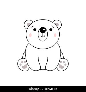 Timido orso polare carino seduto guardando curioso. Kawaii Ice Bear sorride. Divertente personaggio bianco orso cartoon. Tema invernale animal. Isolato su bianco. Vettore Illustrazione Vettoriale