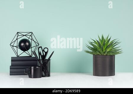 Interni semplici e minimalistici per ufficio con cancelleria nera, libri, caffè, aloe plant, scultura astratta in menthe verde all'interno su bianco WO Foto Stock