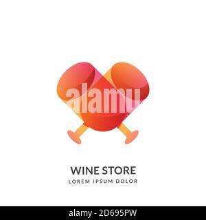 Due bicchieri da vino rosso fanno una forma astratta del cuore. Logo vettoriale di enoteca o modello di emblema, isolato su sfondo bianco. Cantina o bar con Illustrazione Vettoriale