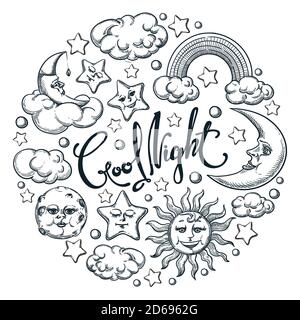 Buona notte mano calligraphy disegnata poster o modello di etichetta. Disegno vettoriale della luna addormentata, del sole e degli indizi. Cielo notturno d'epoca el Illustrazione Vettoriale