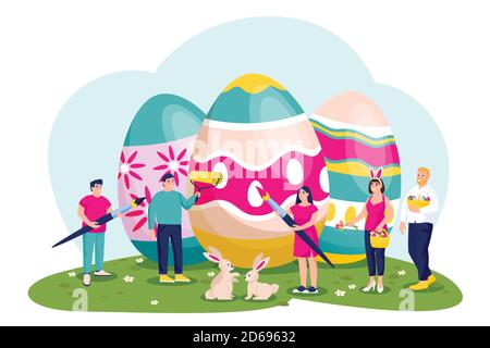 Gente felice che celebra Pasqua e che dipinge le uova di Pasqua. Vector cartoni animati piano illustrazione. Vacanza famiglia creativo workshop concetto. Spri tradizionali Illustrazione Vettoriale