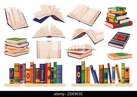 Collezione di libri di carta colorati. Illustrazione di un cartone piatto vettoriale. Insieme di icone isolate per l'apprendimento e la formazione. Libri aperti e chiusi su libreria. LiBr Illustrazione Vettoriale