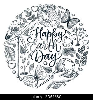 Happy Earth Day calligraphy scritta banner poster modello di progettazione. Illustrazione isolata dello schizzo disegnato a mano dal vettore. Ambiente, natura ed ecologia Illustrazione Vettoriale