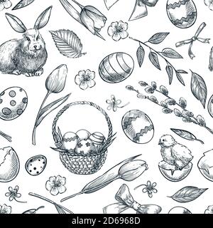 Modello perfetto per le vacanze di Pasqua. Cestino di doodle con uova di pasqua, coniglietto, fiori e uova. Illustrazione vettoriale dello schizzo della molla. Sfondo disegnato a mano, te Illustrazione Vettoriale