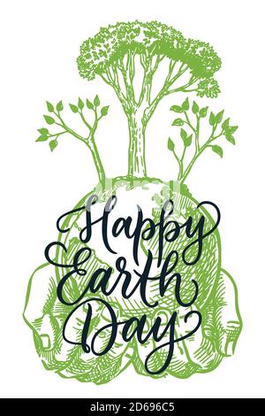 Happy Earth Day calligrafia scritta, banner poster modello di progettazione. Disegno a mano vettoriale illustrazione isolata delle mani che tengono il pianeta Terra WIT Illustrazione Vettoriale