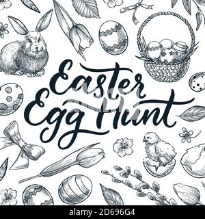 Easter Egg Caccia calligraphy lettering. Illustrazione vettoriale dello schizzo Doodle. Elementi di design vintage disegnati a mano per le feste per banner, poster, invito o. Illustrazione Vettoriale