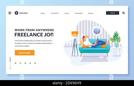 Il giovane imprenditore freelance lavora su un notebook a casa. Illustrazione moderna vettoriale per la pagina di destinazione di fotoricettore, la bandiera, il disegno del manifesto. Processo online remoto Illustrazione Vettoriale