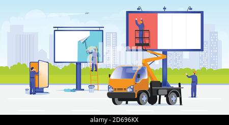I lavoratori montano poster utilizzando scale e piattaforme di lavoro aeree. Pubblicità di strada su un concetto di cartellone. Illustrazione di un cartone piatto vettoriale. Bianco vuoto Illustrazione Vettoriale
