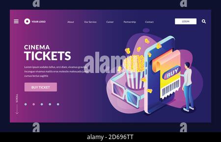 Acquisto di biglietti per cinema o concerti online. Illustrazione isometrica 3d vettoriale. Premiere cinematografiche, spettacolo teatrale, concetto di intrattenimento. Pagina di destinazione Web, bann Illustrazione Vettoriale