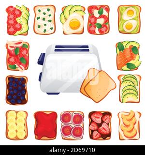 Pane tostato con vari deliziosi topper e tostapane. Icone di cartoni animati con vista dall'alto vettoriale per la colazione. Ricette e ingredienti per condimenti sani. Illustrazione Vettoriale