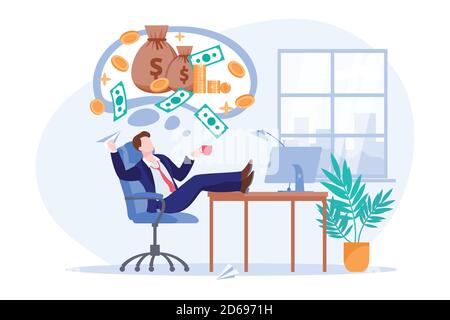 L'investitore imprenditore pensa al profitto di soldi o al reddito di investimento. Pigro lavoratore d'ufficio o chierico sogni di reddito passivo. Vettore piatto fumetto illust Illustrazione Vettoriale