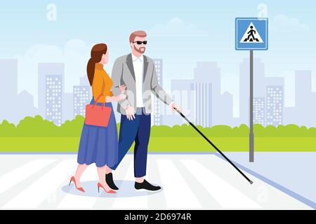 Giovane donna aiuta l'uomo cieco con bastone attraversare la strada. Prendersi cura delle persone disabili. Illustrazione di un cartone piatto vettoriale. Sostegno sociale Illustrazione Vettoriale