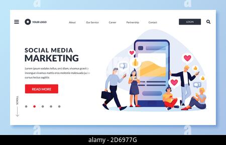 Strategia di marketing sui social media per aumentare i clienti e i seguaci del pubblico. Illustrazione vettoriale. La gente gradiscono e commentano sul post dei social network. D. SMM Illustrazione Vettoriale