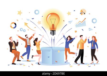 Idea del team e concetto di avvio aziendale. Illustrazione di un cartone piatto vettoriale. Gruppo di persone creative inventa una soluzione innovativa di successo. Illustrazione Vettoriale