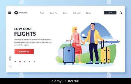 Coppia viaggia in aereo. Uomo e donna con bagagli in aeroporto. Cartoni animati turisti personaggi. Immagine piatta vettoriale per banner pagina di destinazione Web. Illustrazione Vettoriale