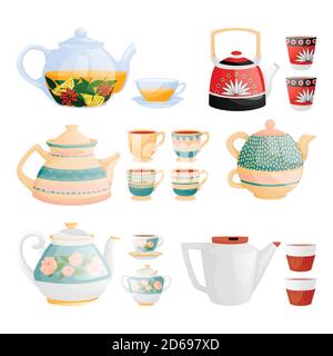 Set di utensili da tè o caffè, isolato su sfondo bianco. Teapots e teacup icone vettoriali. Ceramica e vetro utensili da cucina cartoni animati piano illustrazione Illustrazione Vettoriale