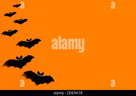 Sfondo arancione con un gregge di pipistrelli di carta nera per Halloween, silhouette di pipistrelli di carta nera su sfondo arancione, concetto di Halloween, copyspace Foto Stock