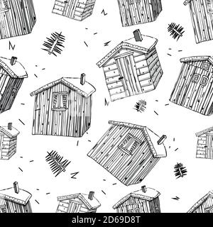 case in legno islandese, canadese o norvegese con erba sul tetto motivo senza cuciture su sfondo bianco versione bianco-nero Illustrazione Vettoriale