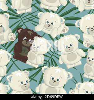 bianco polare e marrone grizzly sorridente happy bears pose senza cuciture pattern sono in amore cartoon vettore illustrazione su sfondo blu. Orso grizzly maschio Illustrazione Vettoriale