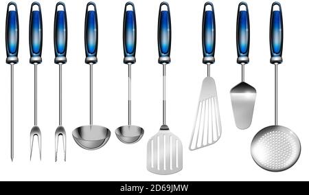 Collezione di nove utensili da cucina (acciaio inox e manico in plastica blu) isolati su sfondo bianco. Immagine generata digitalmente Foto Stock