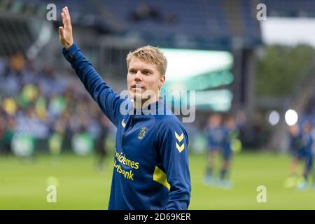 Brondby, Danimarca. 15 settembre 2019. Sigurd Rosted di Broendby IF è lodato dai tifosi durante il warm up per la partita 3F Superliga tra Broendby IF e FC Nordsjaelland al Brondby Stadium. (Photo credit: Gonzales Photo - Thomas Rasmussen). Foto Stock