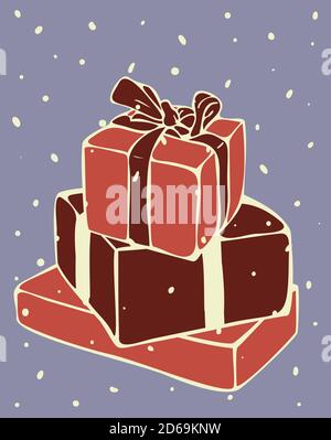 Disegno di cartolina di illustrazione del vettore con pila delle scatole colorate del regalo. Gitfs Concept per il nuovo anno. Illustrazione Vettoriale