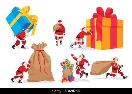 Babbo Natale con grandi scatole regalo e sacchi, isolato su sfondo bianco. Elementi di design e carattere natalizio e natalizio di Capodanno. Piatto vettore c Illustrazione Vettoriale