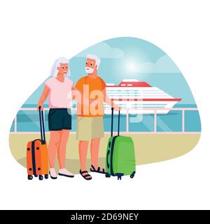 Coppie anziane che vanno in crociera in mare con nave. Cartoni animati vettoriali di turismo e vacanza per anziani e pensionati. Illustrazione Vettoriale