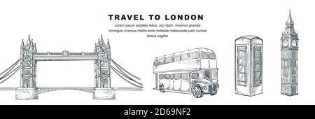 Viaggia verso gli elementi di design disegnati a mano a Londra. Disegno vettoriale del Big ben, Tower Bridge, cabina telefonica, autobus a due piani. Gran Bretagna fa Illustrazione Vettoriale