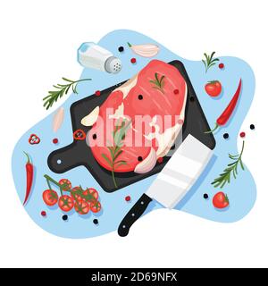 Cottura filetto di manzo, cartoni animati vettoriali vista dall'alto. Tagliere in grafite nera con bistecca o maiale crudo, spezie e ingredienti su bianco Illustrazione Vettoriale