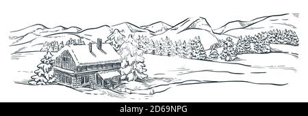 Casa di sci in legno sulle montagne innevate d'inverno. Montagne, abeti e pini paesaggio, disegno vettoriale di schizzo. Colline invernali disegnate a mano e. Illustrazione Vettoriale