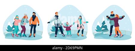 Famiglie felici e coppie che pattinano sulla pista di pattinaggio. Vettore piatto cartoni animati illustrazione di attività invernali all'aperto divertimento. Banner o etichette delle festività Illustrazione Vettoriale
