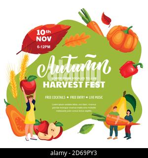 Poster del festival della raccolta autunnale, layout del banner. Fiera autunnale o concetto di festa del Ringraziamento. Illustrazione di un cartone piatto vettoriale. In miniatura, spel Illustrazione Vettoriale