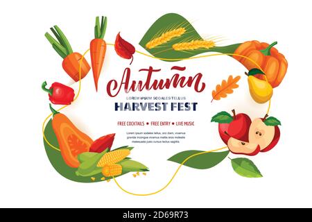 Festa della vendemmia autunnale e poster della fiera autunnale, layout di progettazione di banner. Negozio alimentare biologico o concetto di mercato agricolo. Illustrazione di un cartone piatto vettoriale Illustrazione Vettoriale