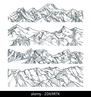 Montagne e rocce paesaggio orizzontale set. Illustrazione dello schizzo vettoriale. Cima di montagna disegnata a mano, colline, isolato su sfondo bianco. Viaggi, outdo Illustrazione Vettoriale