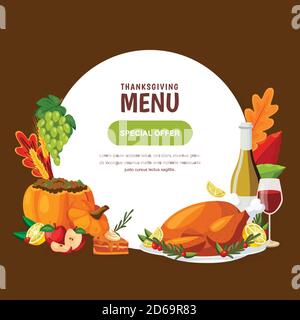 Modello tradizionale di design del menu per la festa del ringraziamento. Vettore cartoon piatto illustrazione di tacchino arrosto, zucca, vino e torta. Cornice circolare bianca, Illustrazione Vettoriale