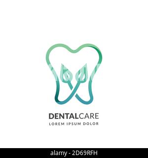 Logo della clinica medica dentale o modello di emblema, isolato su sfondo bianco. Linea astratta dente umano con foglie verdi, icona vettoriale. Con Illustrazione Vettoriale