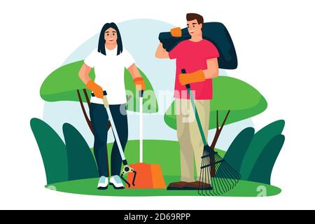 Una giovane coppia di volontari pulisce i rifiuti di plastica sul prato del parco cittadino. Illustrazione di un cartone piatto vettoriale. Stile di vita ecologico delle persone. Volontariato, char Illustrazione Vettoriale