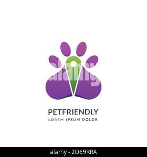 Sagoma della zampa di cane o gatto e simbolo del logo del pin della mappa o modello di disegno del simbolo, isolato su sfondo bianco. Negozio di animali domestici, centro o luogo in cui sono ammessi gli animali domestici Illustrazione Vettoriale